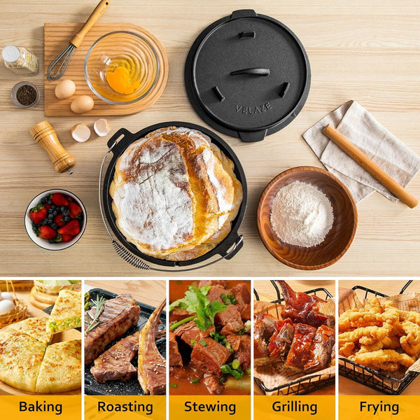 10 QT Pre-Seasoned Cast Iron Camping Dutch Oven Pot with Lid | Comes with Metal Handles, Lid Lifter,Stand Support,Use in Oven, on Stove,Grill,Or over Campfire,Capacity for 4-8 People6
