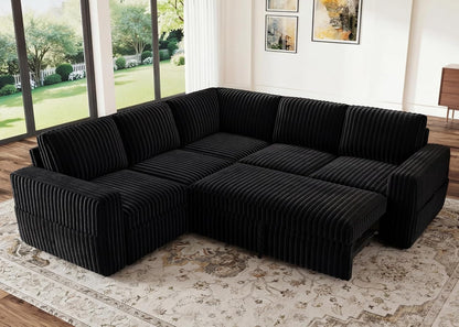 Modular Sectional Sleeper Sofa with Pull Out Bed,Corduroy L Shaped Couch with Storage, Sectional Couches for Living Room,Black1