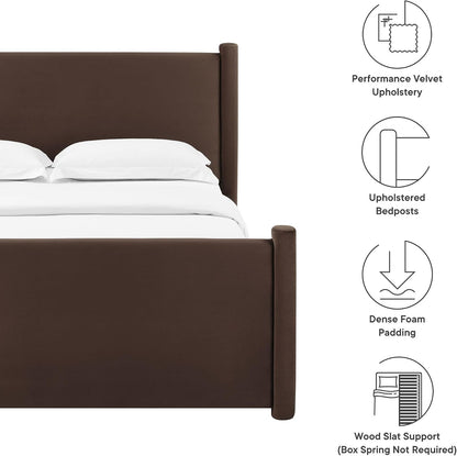 Rael Queen Platform Bed Frame with Upholstered Headboard and Footboard in Chocolate Brown – Stain-Resistant Performance Velvet Queen Size Bed with Rounded Posts3