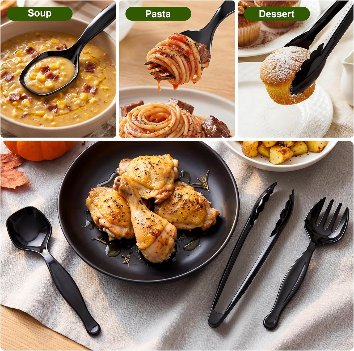 36pcs-disposable-plastic-serving-utensils-set-12-black-spoons-12-forks-12-tongs-9-inch-for-party-buffet-catering-events-heavy-duty-and-ergonomic-design