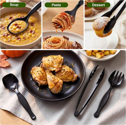 36Pcs Disposable Plastic Serving Utensils Set, 12 Black Spoons, 12 Forks, 12 Tongs, 9-Inch for Party Buffet Catering Events, Heavy Duty and Ergonomic Design8