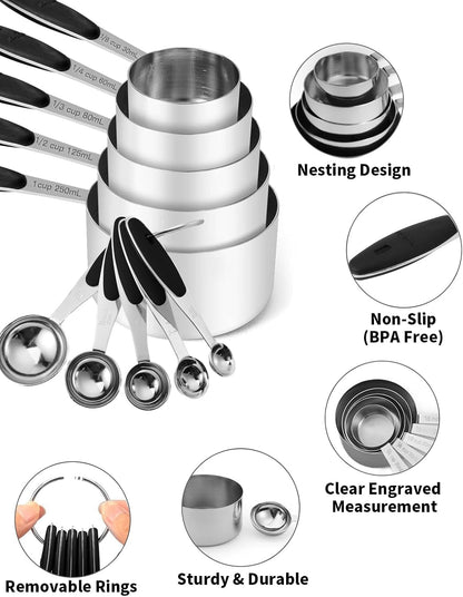 Measuring Cups and Spoons Set 304 Stainless Steel 10-Piece Black3