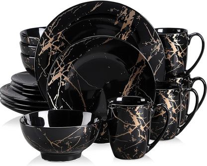 Black Plates and Bowls Sets for 4, Porcelain Dinnerware Sets 16 Piece Gold Splash Glaze Ceramic Dish Set, round Dinner Set with Mugs, Dishwasher Microwave Safe1