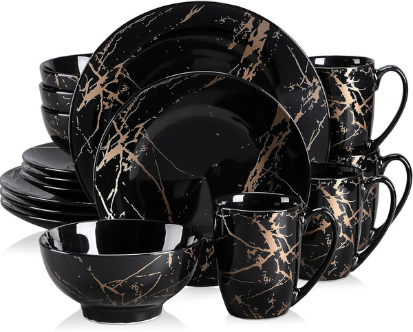 Black Plates and Bowls Sets for 4, Porcelain Dinnerware Sets 16 Piece Gold Splash Glaze Ceramic Dish Set, round Dinner Set with Mugs, Dishwasher Microwave Safe1