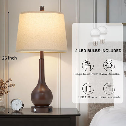 26" Brown Table Lamps Set of 2, Touch Control Bedside Lamps for Bedroom Nightstand, 3-Way Dimmable Farmhouse Lamp for Living Room with Charging Port (2 LED Bulbs Included)2