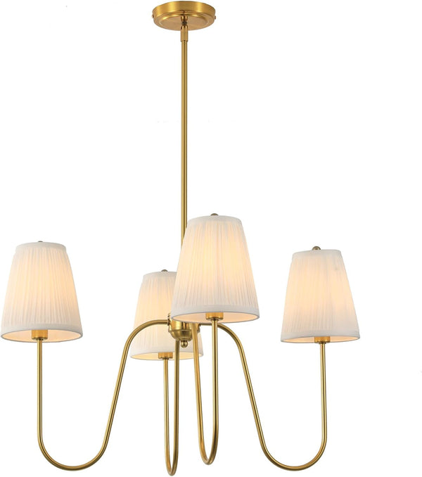 ;27"Dia 4-Arm White Pleated Fabric Shade Chandelier Polished Gold3