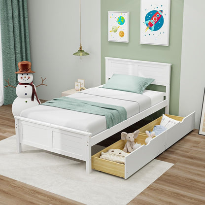 Wood Twin Bed with 2 Storage Drawers, Solid Wood Platform Bed with Headboard, Wooden Slats Support Mattress Foundation, No Spring Needed, Twin Bed Frame for Kids, Teens, Adults, White9