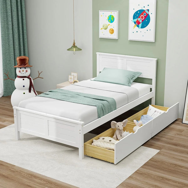 Wood Twin Bed with 2 Storage Drawers, Solid Wood Platform Bed with Headboard, Wooden Slats Support Mattress Foundation, No Spring Needed, Twin Bed Frame for Kids, Teens, Adults, White9