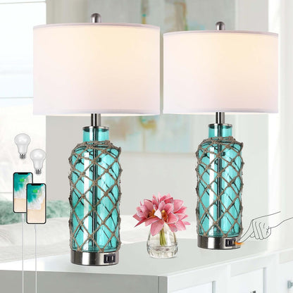 Cottage Nautical Accent Table Lamp Set of 2, Touch Control Coastal Blue Green Glass Rope Net Bedside Lamp with 2 USB Ports, 3-Way Dimmable Nightstand Lamps with White Shade for Living Room, Bedroom9