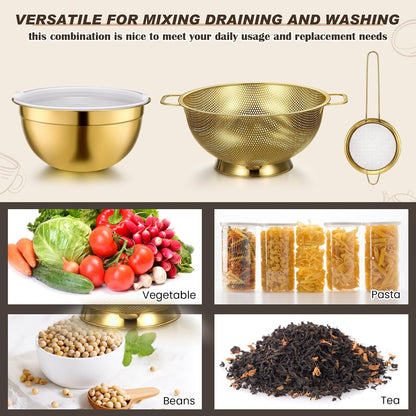 6 Pcs Gold Kitchen Accessories Set Includes 3 Gold Mixing Bowls with Airtight Lids Stainless Steel Colander Grater Slicer and Fine Mesh Strainer(Mixing Bowls: 2.8/3.7/5 Qt, Colander: 4 Qt)3
