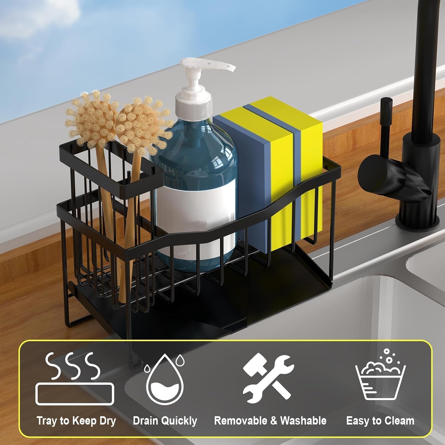 maifan-sink-caddy-sponge-holder-for-kitchen-with-brush-holder-and-stainless-steel-self-drain-tray-rustproof-kitchen-sink-organizer-for-sponge-soap-dispenser-storage-accessories
