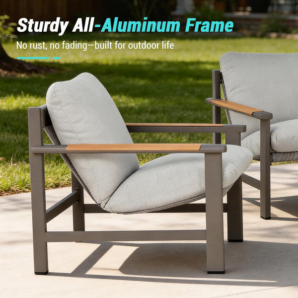 4-Piece Patio Conversation Set, All-Aluminum Outdoor Furniture Set with Teak-Look Armrests & Olefin Cushions, Weather-Resistant Patio Furniture for Backyard, Porch, Balcony, Deck3