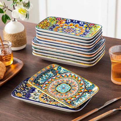 Simi 6-Piece Rectangular Ceramic Plates Set, 8.5" X 5.1" Small Dessert & Sushi Plates, Bohemian Appetizer Serving Plates, Microwave & Oven Safe Porcelain Plates7