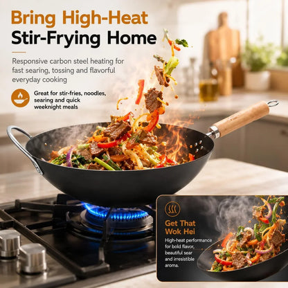 12.6 Inch Carbon Steel Wok with Lid, Flat Bottom Wok Pan for Induction, Electric and Gas Stoves, Uncoated Chinese Stir Fry Pan with Wooden Handle3