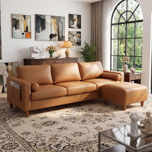 100" L-Shaped Faux Leather Couch, Modular Sectional Sofa, Camel1