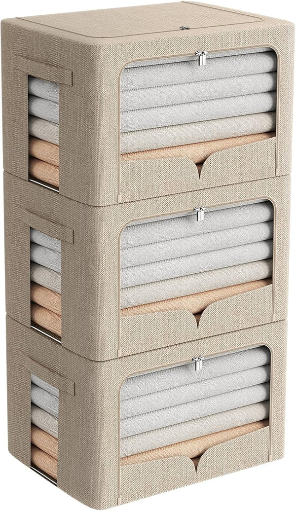 3 Pack Clothes Storage Bins Foldable Metal Frame Storage Box Stackable Linen Fabric Organizer Set with Carrying Handles and Clear Window (Beige, 15.7X11.8X11.8Inch(36L))1