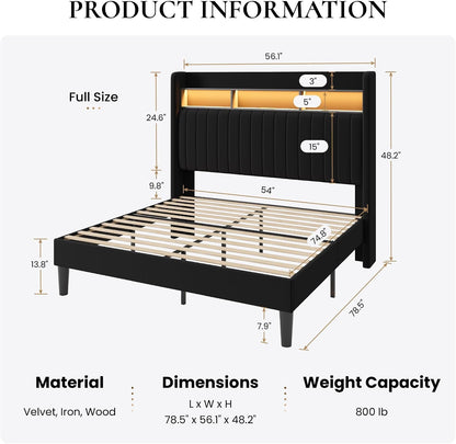 Full Size Platform Bed Frame / 2-Tier Storage Shelf/Velvet Wingback Upholstered Headboard/Led Lights and Charging Station/No Box Spring Needed/Noise-Free/Easy Assembly/Black2