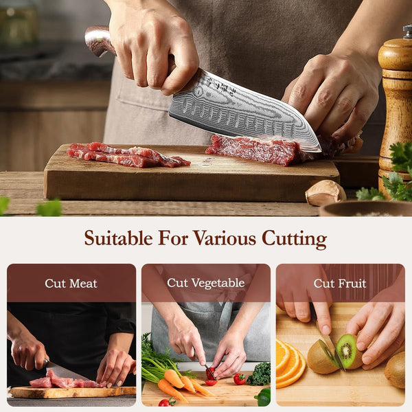 7.3'' Santoku Knife with Sheath – 67 Layers Damascus Steel, Professional Kitchen Knife for Meat, Fish & Vegetables, Micarta Handle4