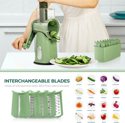 Rotary Cheese Grater 5 Blades,Kitchen Mandoline Vegetable Slicer | Easy to Clean,Strong Suction Base,Blades Storage Box,Round Mandoline Slicer&Food Chopper for Vegetable,Salad,Nut,Retro Green8