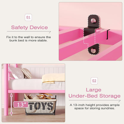 Bunk Bed Twin over Twin, Metal Bunkbeds with Ladder and Full-Length Guardrail, No Box Spring Needed, Space Saving, Noise Free, Light Pink4