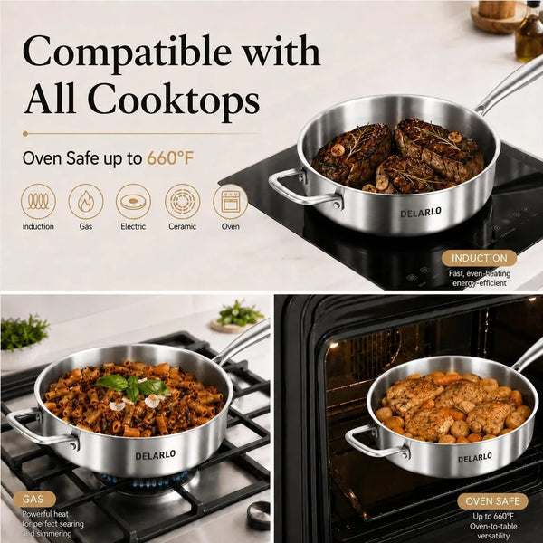 Tri-Ply Stainless Steel Frying Pan,12 Inch Skillet with Lid,6 Quart Saute Pan,Compatible with All Cooktops,Oven up to 660℉,Chicken Fryer,Dishwasher-Friendly6