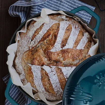 Bread Oven Cast Iron Bread Dutch Oven with Cloche Lid for Bread Baking Darkcyan Enameled Cast Iron Bread Oven with Dome Lid for Sourdough, 9.8 Inches7