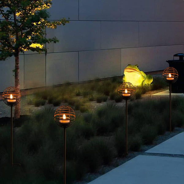 Solar Pathway Lights Outdoor, Rust Iron Ball Candle Holder Stake with Flickering Solar Powered Tea Lights, Perfect Decorative Garden Lighting for Yard Lawn Patio Landscape Decor Outside-4Pack5