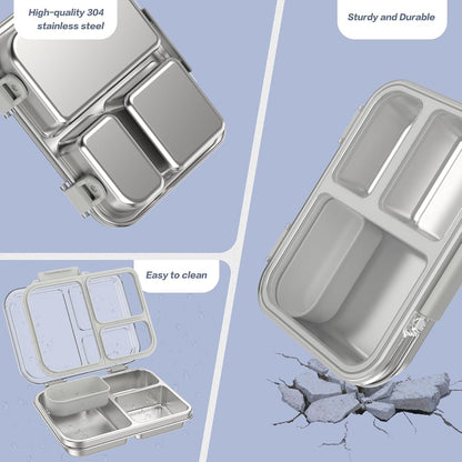 Stainless Steel Bento Box for Kids, 3-Compartment Metal Lunch Box with Clear Lid & Removable Silicone, Lunch Box Kids with Silicone Inner Container for Meal Prep, School, Office (Grey)4
