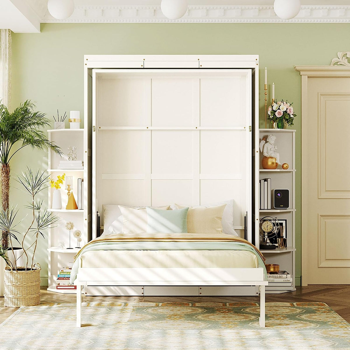 rotating-queen-murphy-bed-with-hidden-wall-cabinet-dual-3-tier-side-shelves-convertible-desk-white