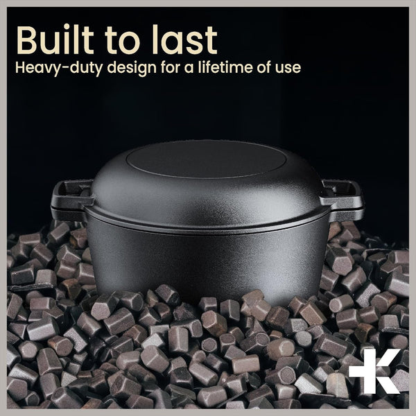Bakken 2-In-1 Cast Iron Dutch Oven Pot with Skillet Lid, 5QT Pre-Seasoned Dutch Oven for Bread Baking, Roasting & Campfire Cooking, Heavy-Duty Indoor & Outdoor Use with Easy-Grip Dual Handles11