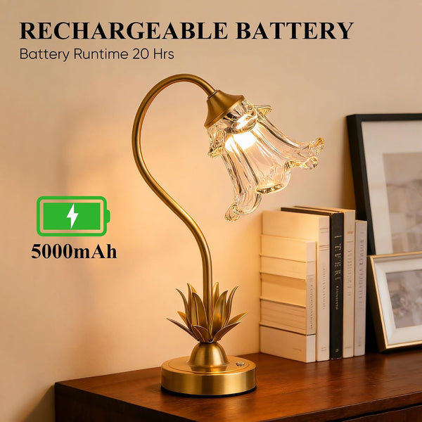 Cordless Flower Table Lamp with Glass Lampshade, 5200Mah Rechargeable Battery, 3-Color Dimmable Touch Control, Portable Desk Lamp for Nightstand, Patio, Camping, Restaurant & Home, Transparent7