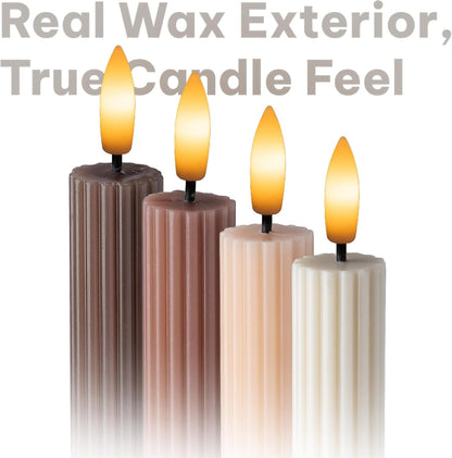 Mocha Brown Coordinated Chocolatey 4 Pack, 10" Real Wax LED Flameless Fluted Ribbed Grooved Taper Candles, Remote & Timer Memory, On/Off Button, Dimmable, Battery Operated, Menorah Wedding3