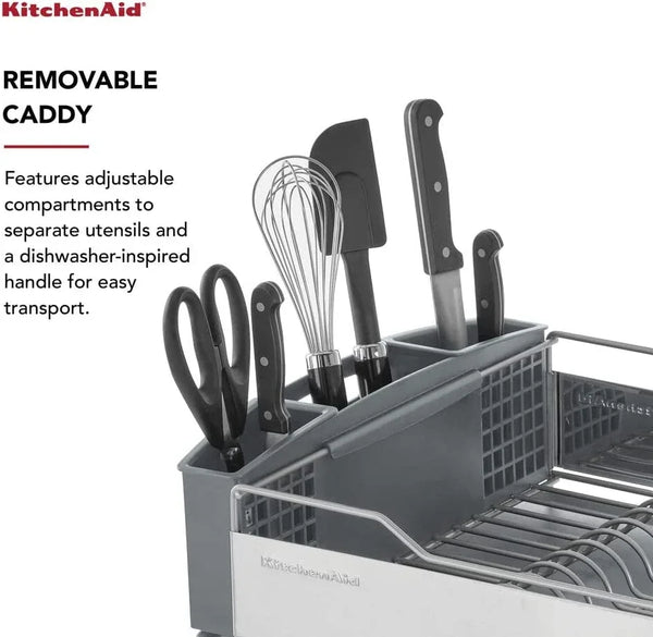 Kitchenaid Large Capacity Full Size Rust Resistant Dish Rack with Angled Drain Board and Removable Flatware Caddy, Light Grey4