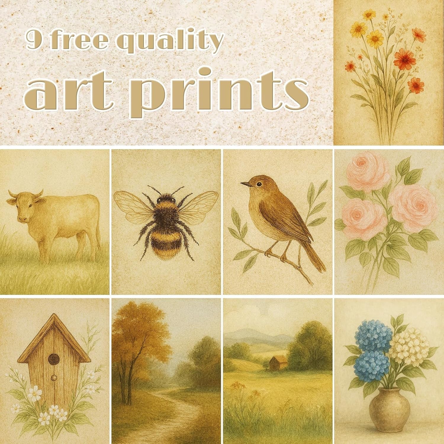 5x7-rustic-farmhouse-picture-frames-with-vintage-prints-set-of-9