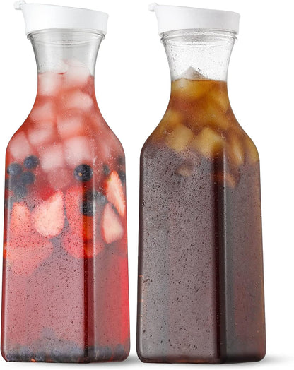 Plastic 50 Oz Water Carafe with Flip Top Lid, Set of 2 Square Base Juice Containers, Clear Plastic Pitcher - for Water, Iced Tea, Juice, Beverage, Cold Brew and Mimosa Bar - HAND WASH ONLY1
