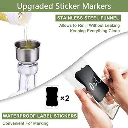 Olive Oil Dispenser Bottle, 2 Pcs Glass Olive Oil Dispenser and Vinegar Dispenser Set with 2 Stainless Steel Pourers, 4 Labels,1 Brush and 1 Funnel Oil Bottles for Kitchen (500Ml)6