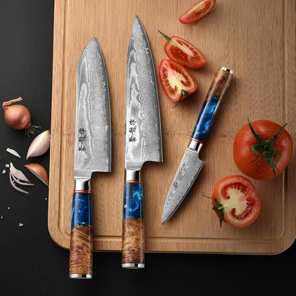 Japanese Chef Knife Set 3 Pcs, 67-Layer Damascus Kitchen Knife Set with VG10 Steel Core, Professional Sharp Damascus Knives with Ocean-Blue Ergonomic Handle, Include Elegant Cooking Gifts Box7