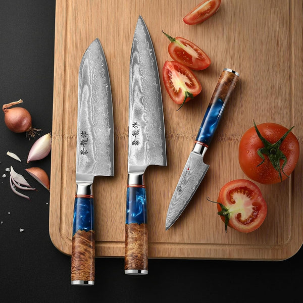 Japanese Chef Knife Set 3 Pcs, 67-Layer Damascus Kitchen Knife Set with VG10 Steel Core, Professional Sharp Damascus Knives with Ocean-Blue Ergonomic Handle, Include Elegant Cooking Gifts Box7