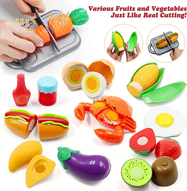 Kids Pretend Play Kitchen Toys Accessories Set, 32Pcs Stainless Steel | Toy Pots and Pans Sets W/ Rack Organizer, Metal Cooking Utensils & Apron, Play Food W/ Basket for Kids Girls Boys Toddlers 3+7