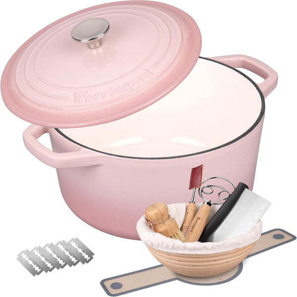 Enameled Cast Iron Dutch Oven Pot with Lid, for Bread Baking, round Bread Oven- Include Sourdough Bread Baking Supplies Set, 4.5QT, Pink1