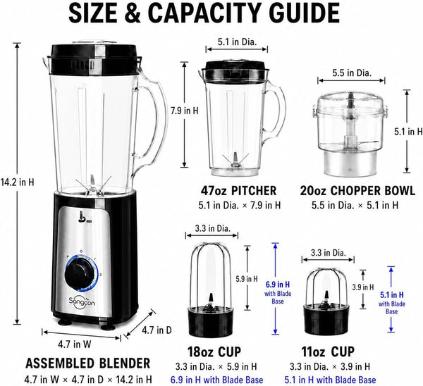 Blenders for Kitchen, 5-In-1 Food Processor Combo for Smoothies Set | Bpa-Free 47Oz Pitcher, 2.5-Cup Bowl, 18/11Oz Cups, 3 Blades; Housewives Prep Shakes, Meat, Sauces, Salsa, Coffee, Dry Spices10