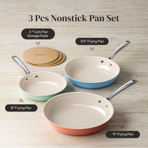 Colorful Ceramic Nonstick Frying Pan Set, Ceramic Pan Skillet, Non Toxic Pans for Cooking, Induction Compatible with Stainless Steel Handles & 3 Cork Pads, PFAS & PTFE & PFOA Free（8+9.5+11"）7
