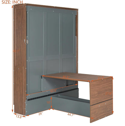 Full Size Murphy Bed Wall Beds with Foldable Desk and Hardware Chain,Cabinets Bed W/Metal Leg & Slat Support,Space Saving Bedroom Furniture for Small Space Apartment,Walnut & Gray6