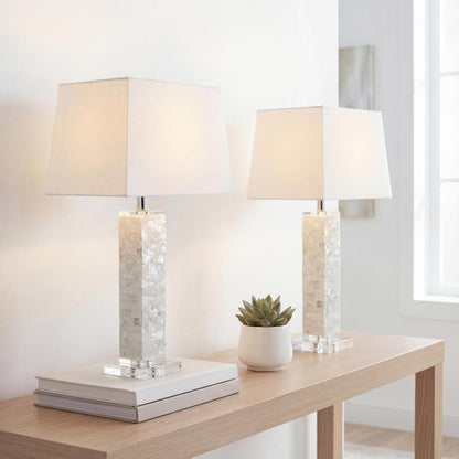 Noelle 28.5" Seashell Mosaic Pillar Table Lamp, White, Set of 22