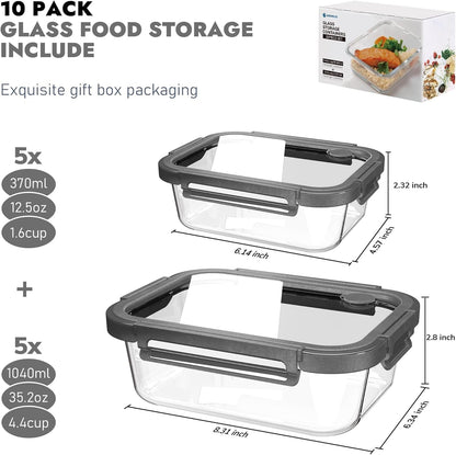 10-Pack Glass Food Storage Containers with Tempered Glass Lids – Borosilicate, Airtight, Oven-Safe (-4°F~950°F), Bpa-Free, 4.4 & 1.6 Cup, Leak-Proof, Dishwasher Safe (Gray)2