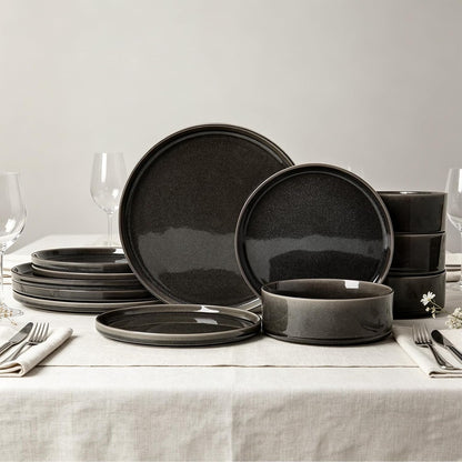 Dinnerware Sets for 4, 12 Pcs Reactive Glaze Plates and Bowls Sets, Black8