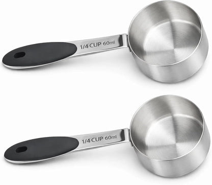 2 Pack 1/4 Cup Scoop, Metal Measuring Cups with Stainless Steel Handle and Measurement Markings, Quarter Cup Measuring Scoop Set for Kitchen and Baking Needs, 60 Ml Capacity per Scoop1
