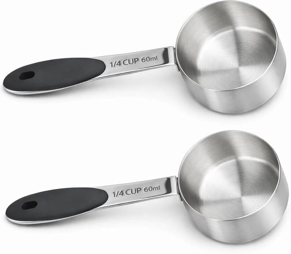 2 Pack 1/4 Cup Scoop, Metal Measuring Cups with Stainless Steel Handle and Measurement Markings, Quarter Cup Measuring Scoop Set for Kitchen and Baking Needs, 60 Ml Capacity per Scoop1