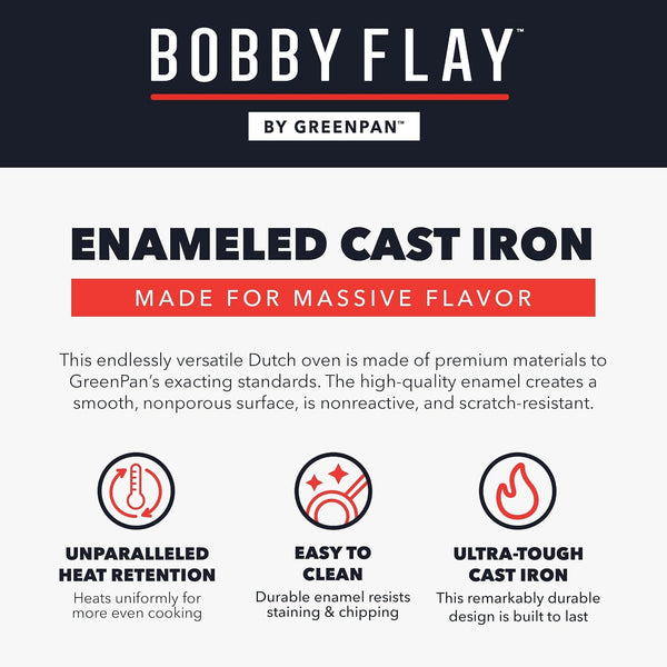X Bobby Flay 5.5QT Enameled Cast Iron Dutch Oven with Lid, Navy | Casserole Pot for Braising, Stews, Bread Baking & Searing, Self-Basting Lid, Induction Ready, Oven Safe to 5008