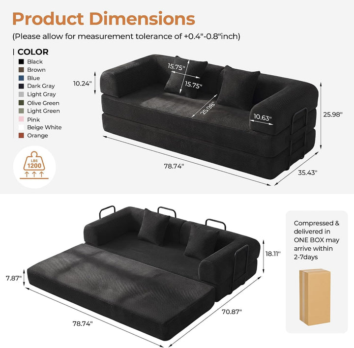 79" Convertible Futon Sofa Bed, Boneless Couch for Living Room+2